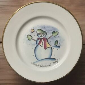 Italian Rossana “Merry Christmas Baby” Snowman with hat 7’ Plate/Gold Trim